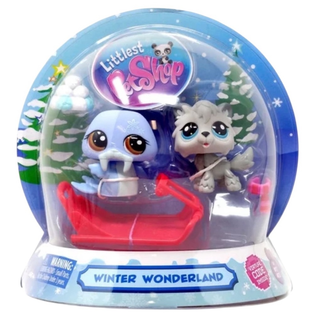 littlest pet shop winter wonderland walrus & husky puppy dog snow globe playset